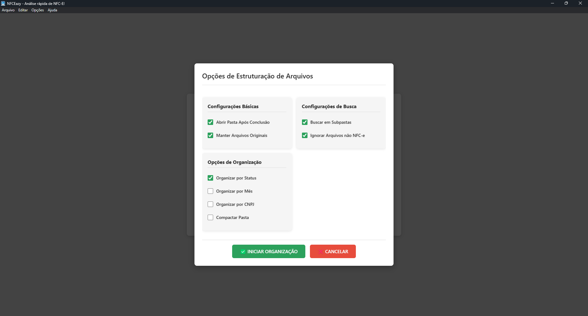 Modal de seleção de organização
